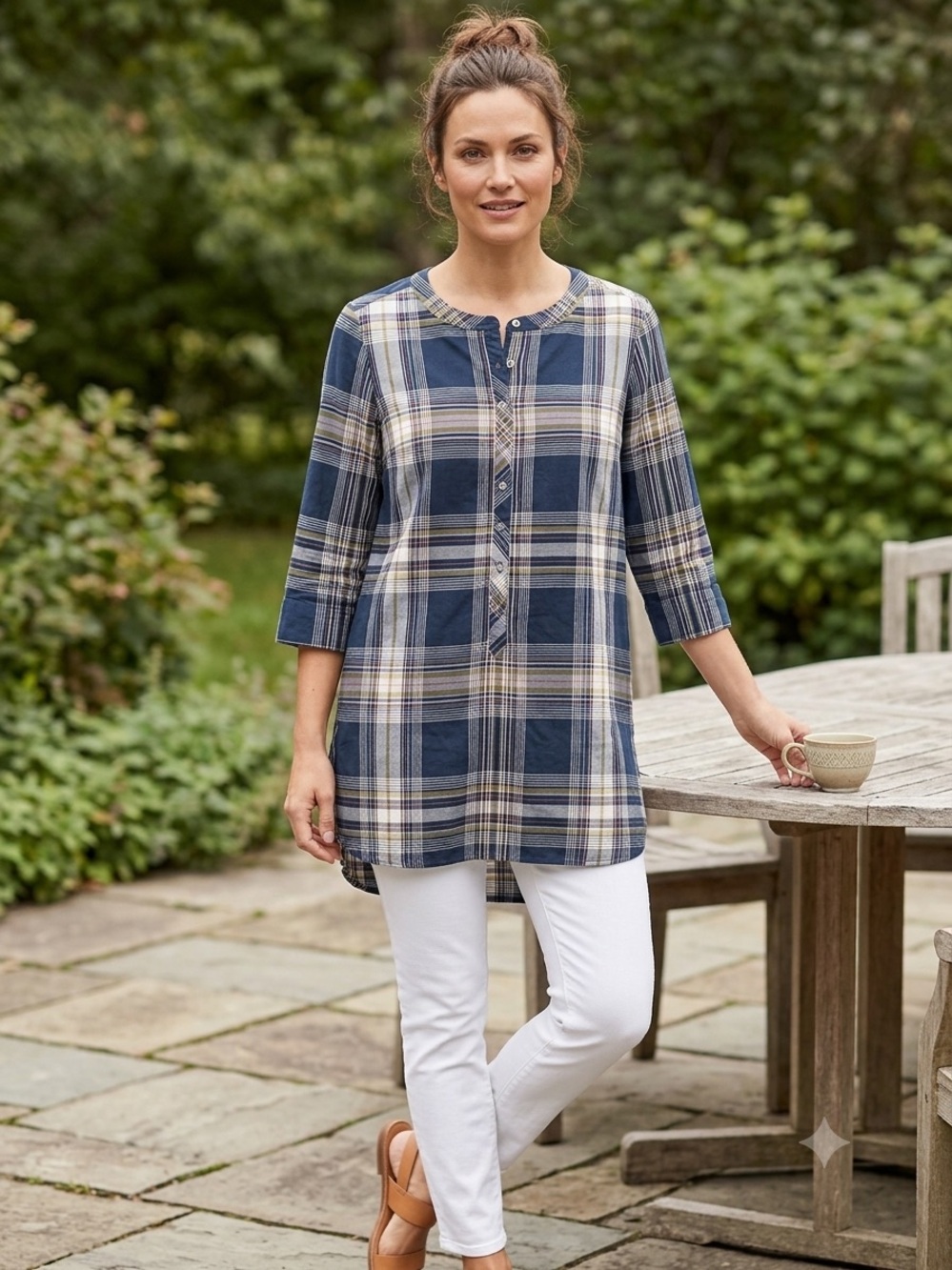 Pendleton Navy, Olive & White Plaid Collarless Tunic Shirt, Women’s Size Medium